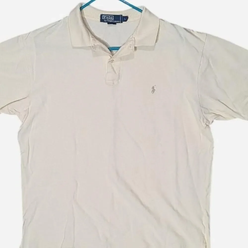 VTG Polo Ralph Lauren Men Large Cream Polo Shirt Cotton Short Sleeve Silver Pony